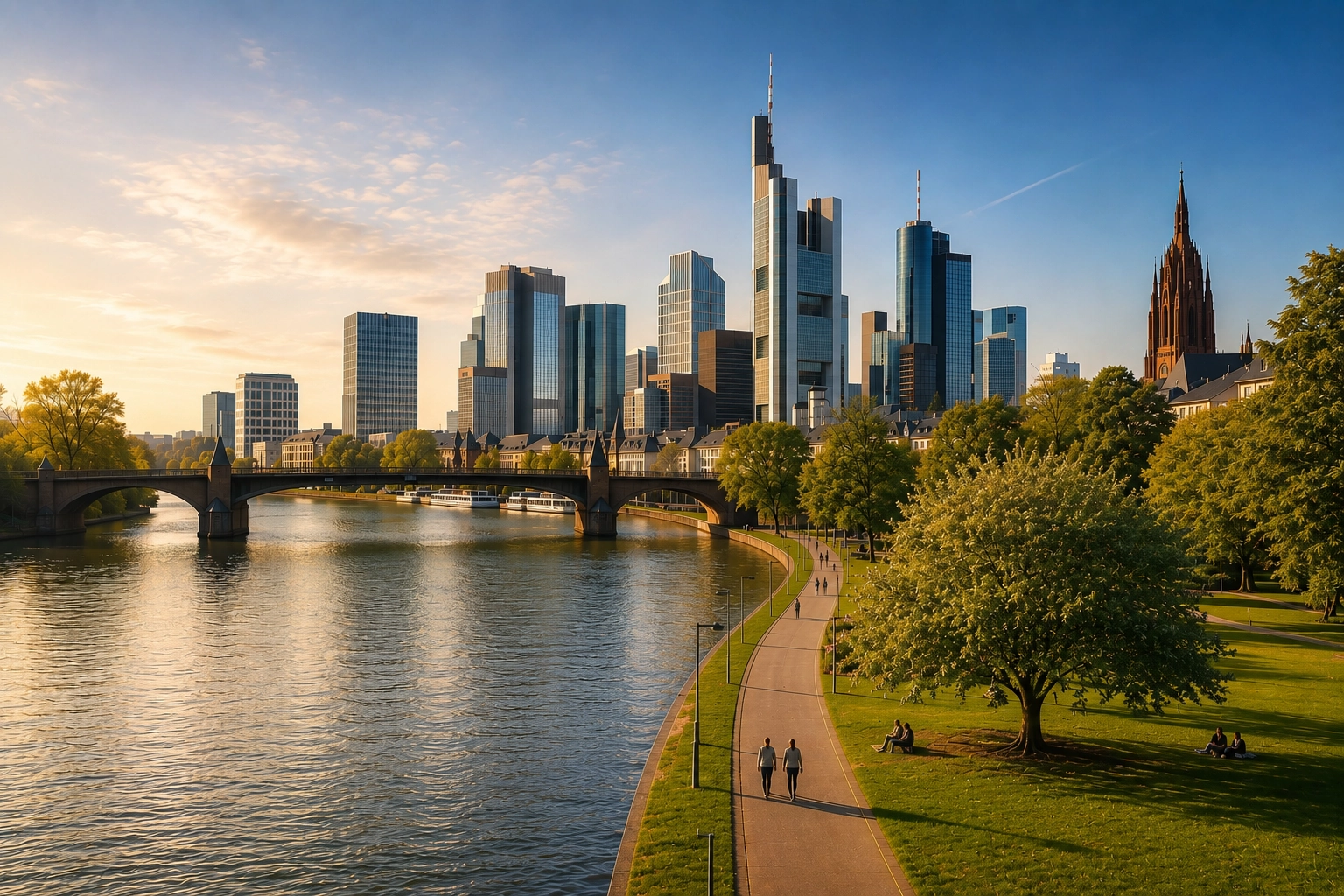 Skyline von Frankfurt am Main mit Mainufer im Abendlicht